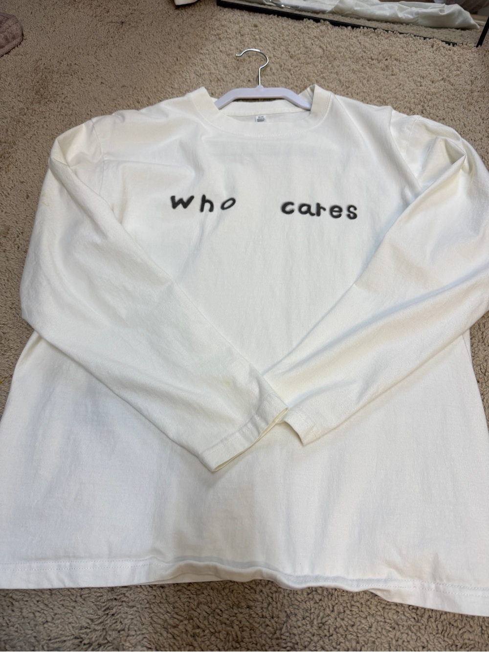 White Long Sleeve Tee with "who cares" Print